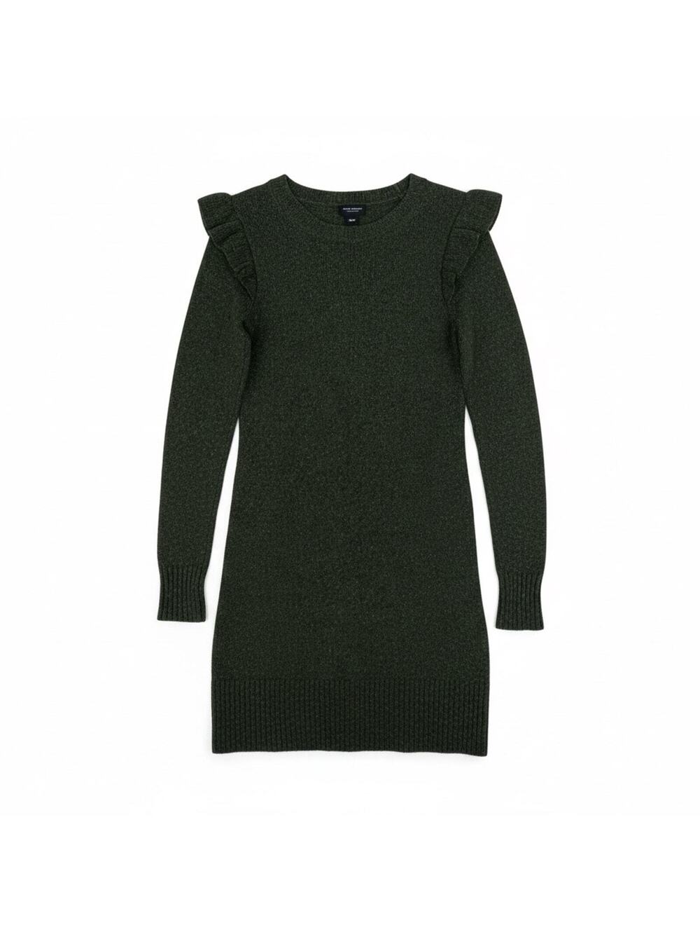 Club Monaco Wool Sweater Dress XS Green Fleck Knit Ruffle Silk Blend Extra Small